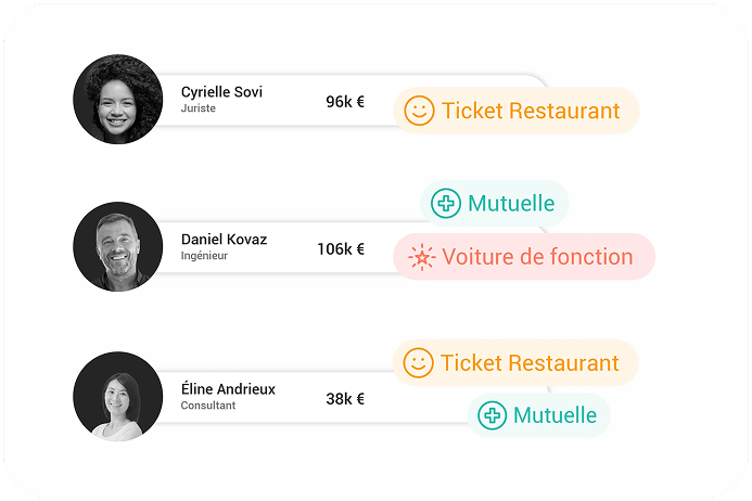 Visualisation des avantages attribués à trois employés avec leur salaire et leurs bénéfices associés (ticket restaurant, mutuelle, voiture de fonction)