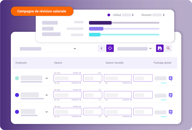 Campagne de révision salariale : tableau de saisie des augmentations par employé avec suivi du budget utilisé, salaires fixes, variables et packages globaux