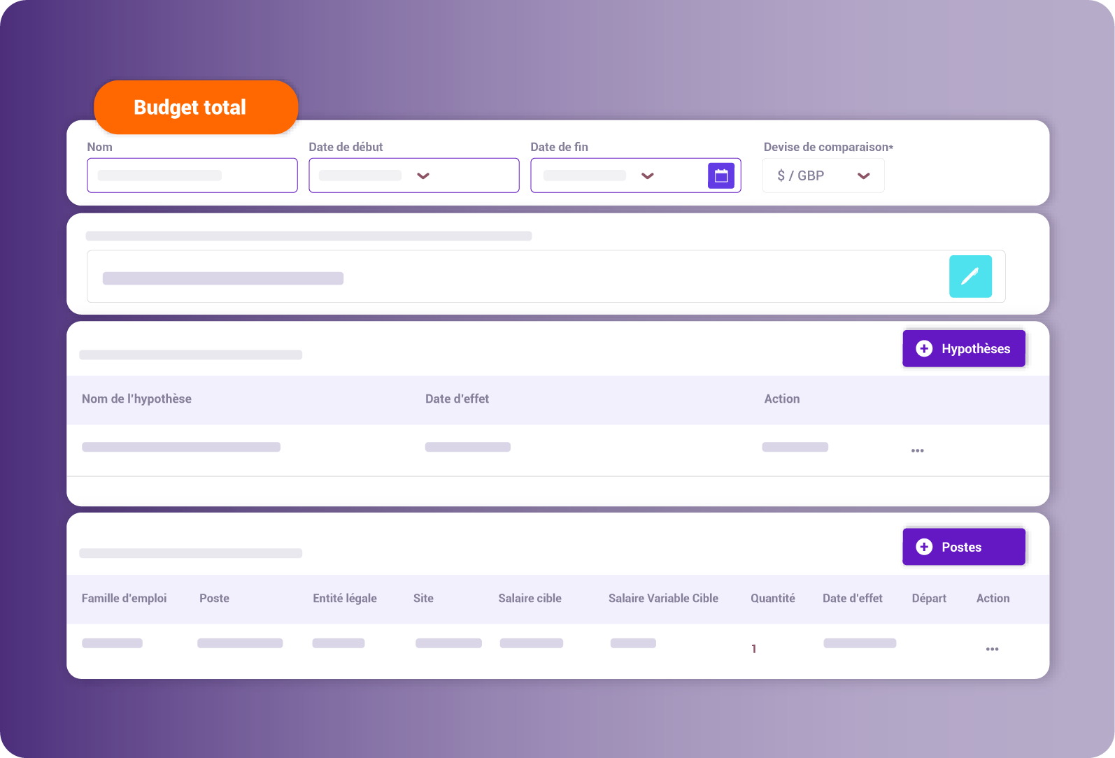 Exemple de l'interface du logiciel de gestion du budget global de Qomben, montrant les sections d'assomptions et de positions pour une planification salariale efficace.